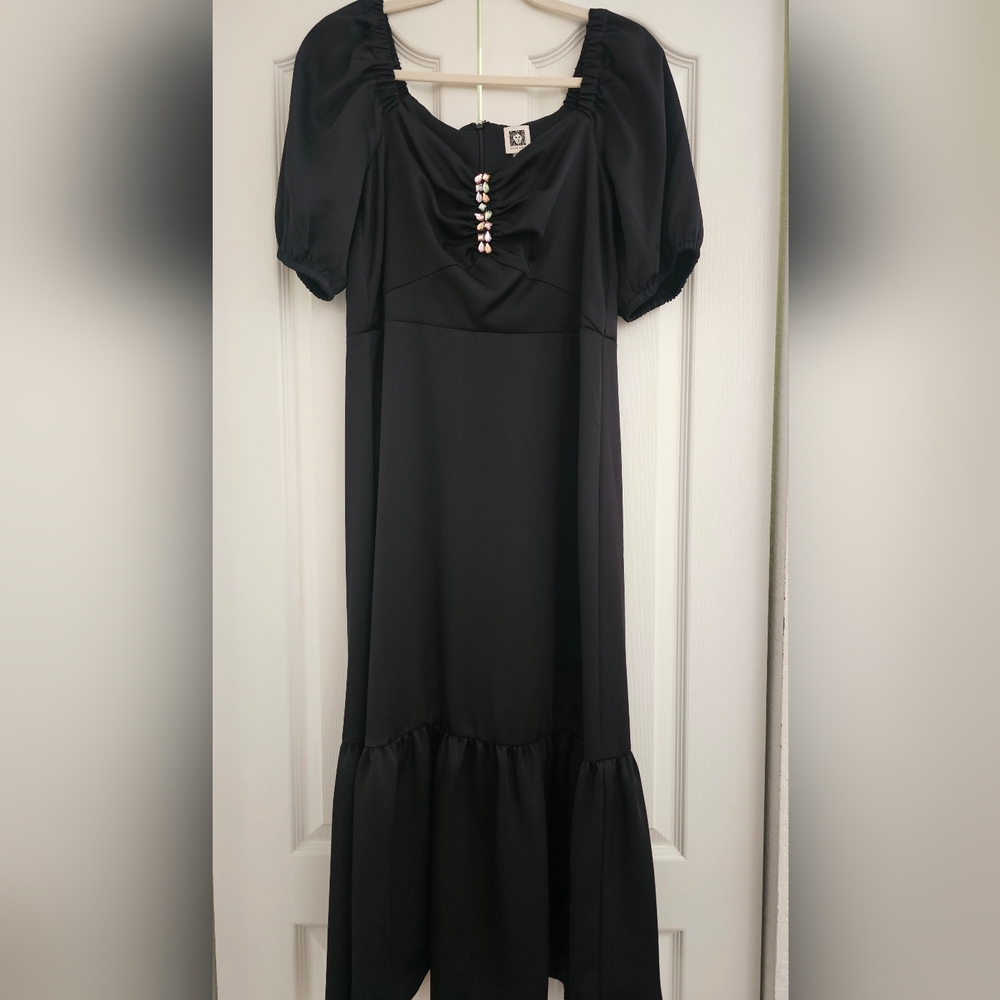 rhinestone puff-sleeve dress in black